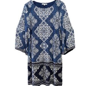Studio One New York Women's Blue Patterned Dress 3/4 Length Bell Sleeves Size XL